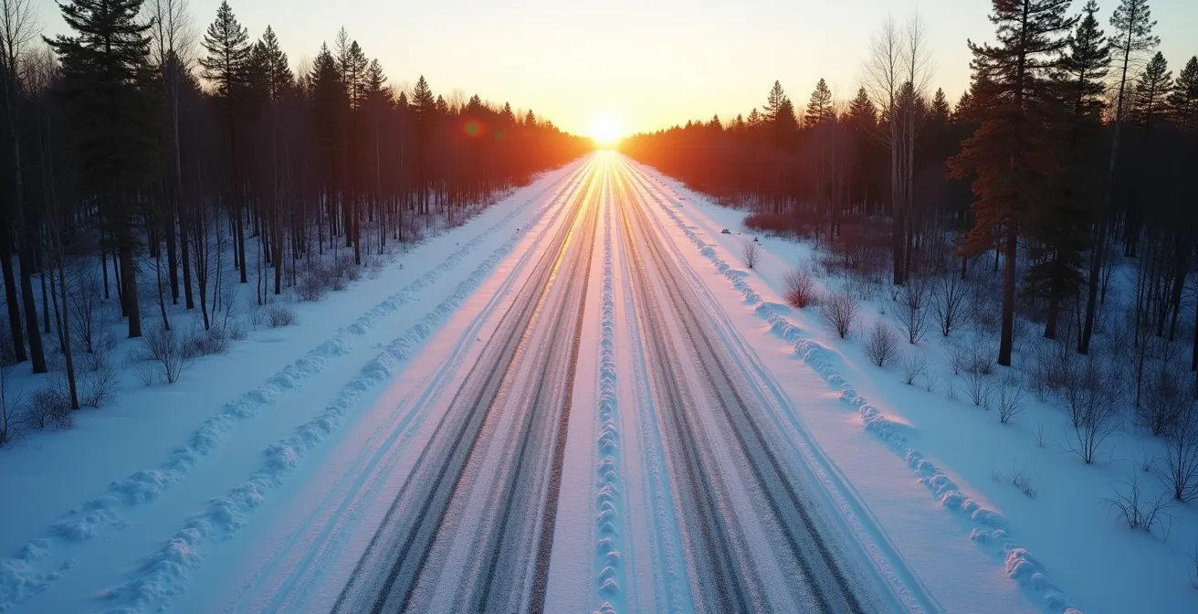 Split view of an icy Northern Ontario highway showing studded versus studless tire tracks