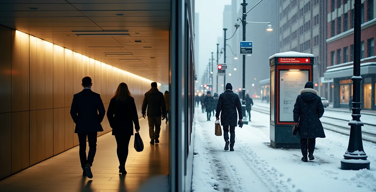Split-screen comparison showing PATH indoor walkway versus snowy Toronto street