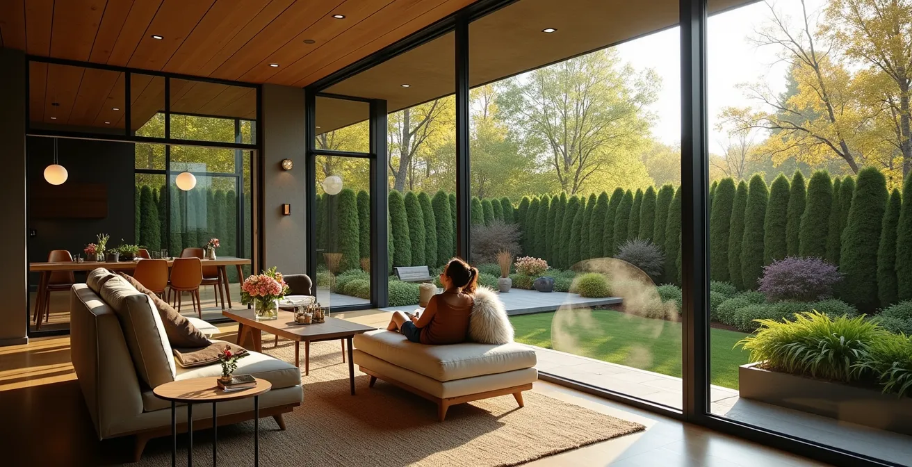 Modern Canadian home with floor-to-ceiling windows screened by layered native plantings