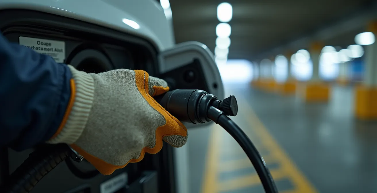 Certified electrician installing a hardwired Level 2 EV charger in underground parking garage