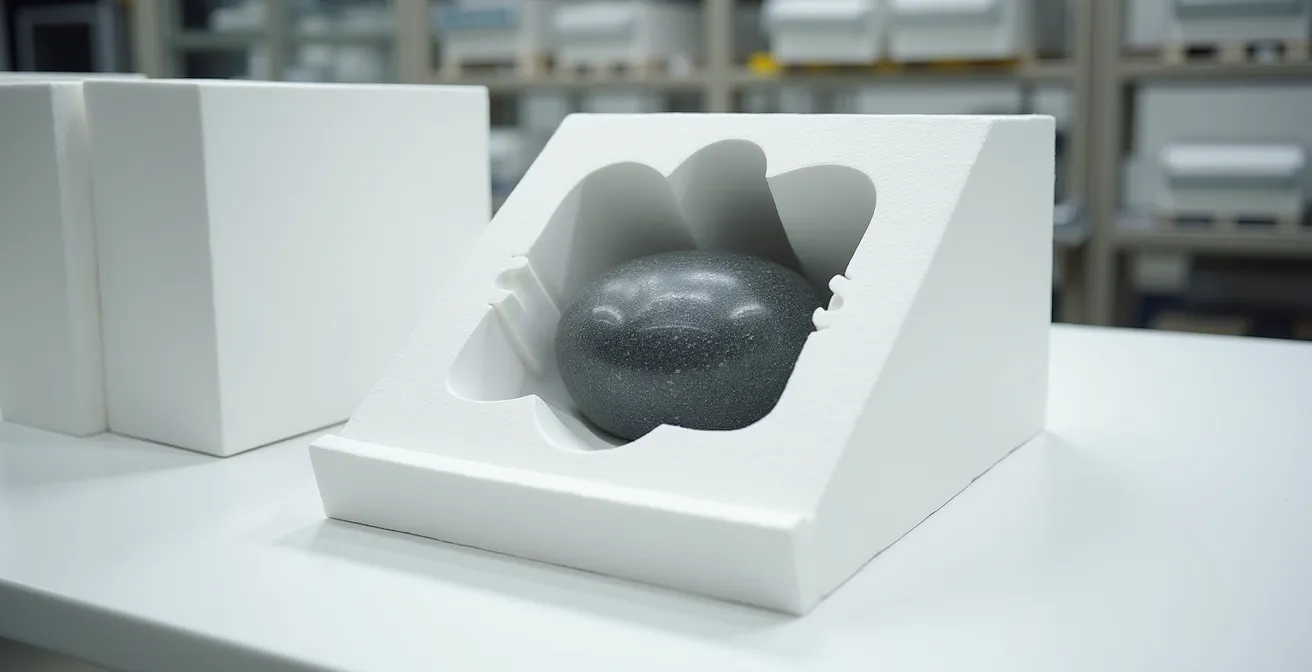 Professional packing setup showing custom foam cradle supporting a stone sculpture