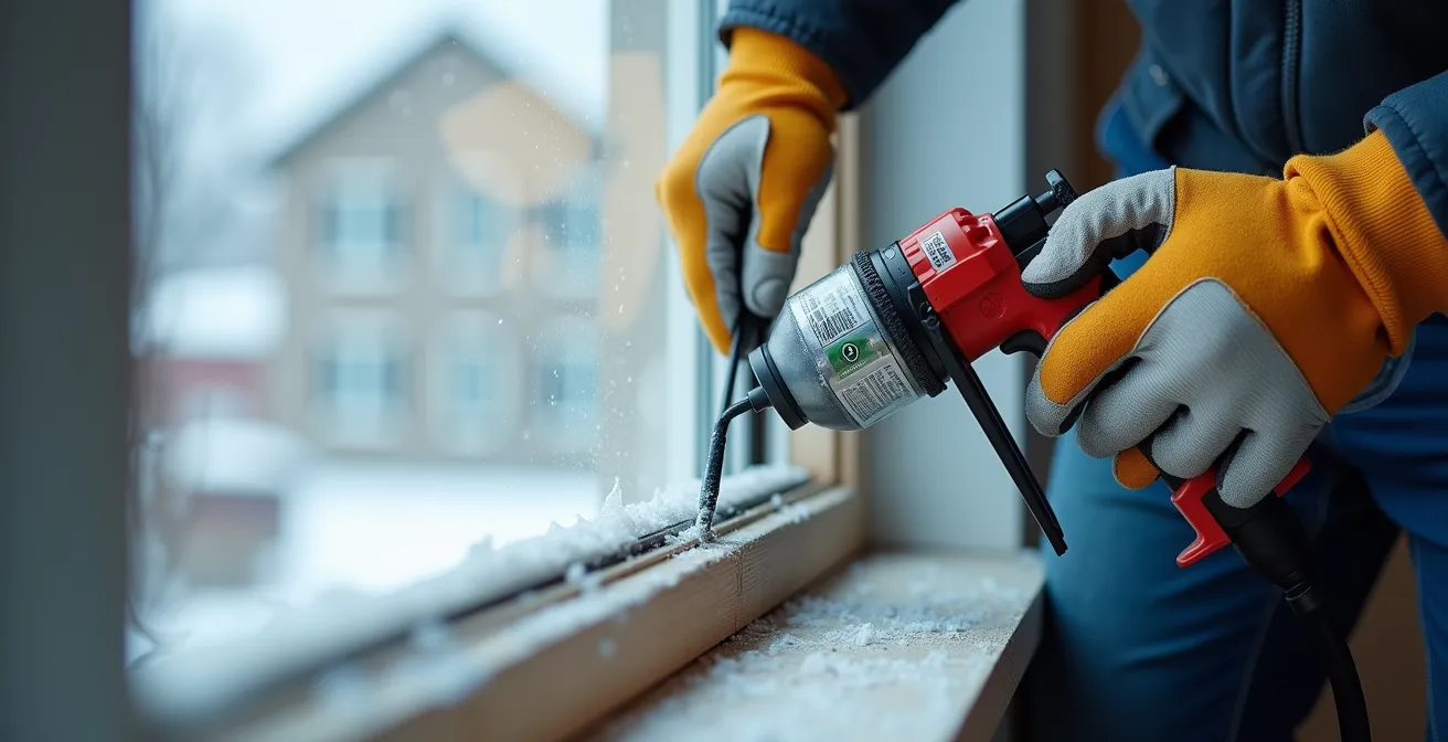 A professional installer carefully applying minimal-expansion foam around a window frame, showcasing the correct technique in Canadian winter conditions.