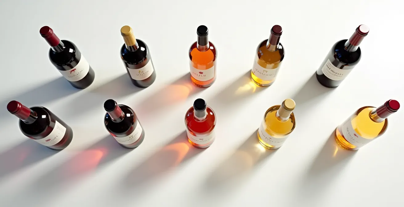 Artistic arrangement of wine bottles separated by invisible provincial boundaries represented through lighting