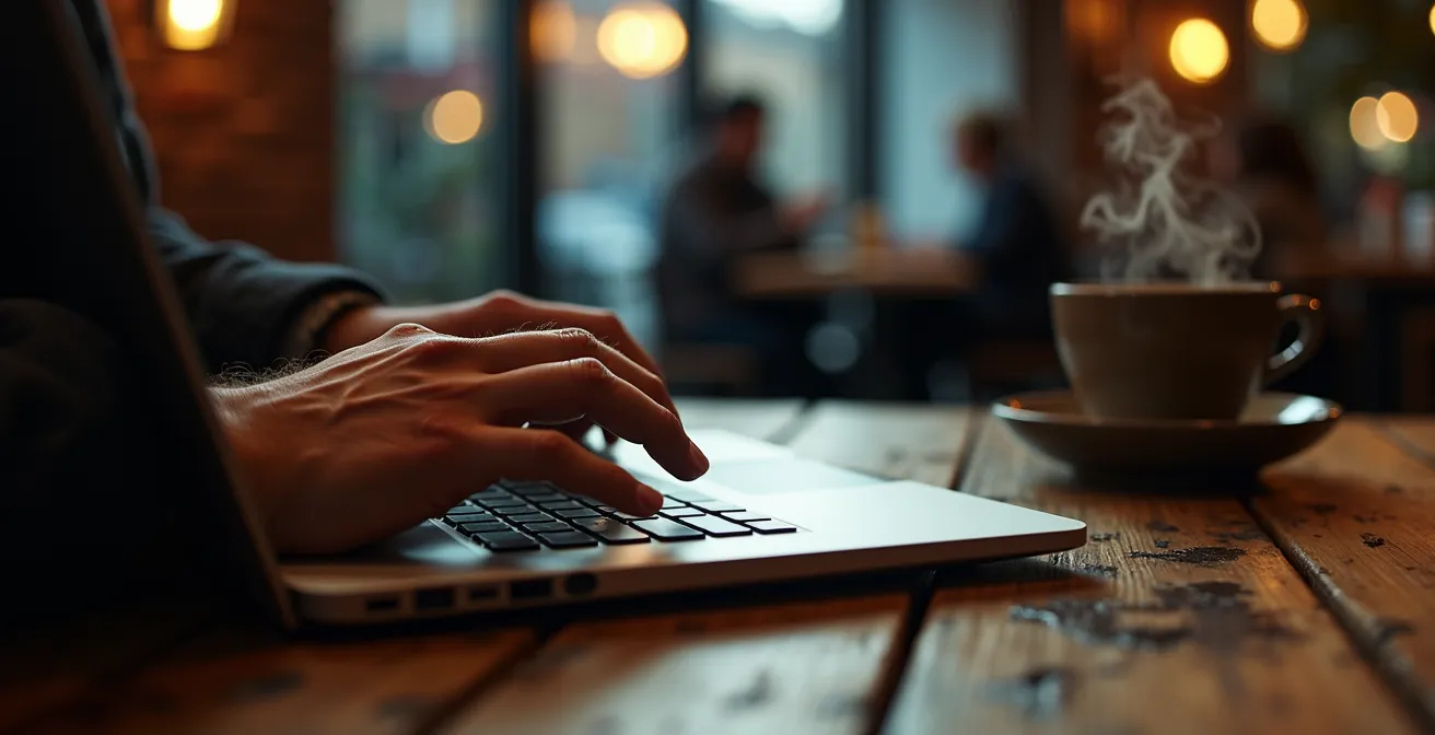 Close-up of hands on laptop keyboard in coffee shop with security warning symbols