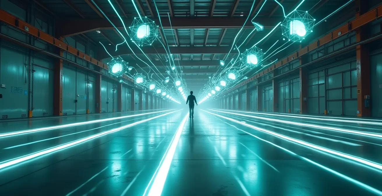 Abstract visualization showing quantum computing patterns transforming traditional supply chain networks into optimized routes