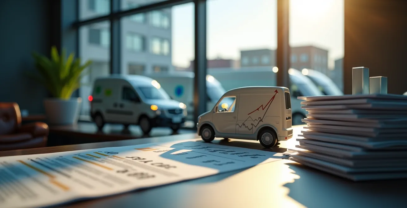 Business owner reviewing fleet purchase calculations with electric delivery vans in background