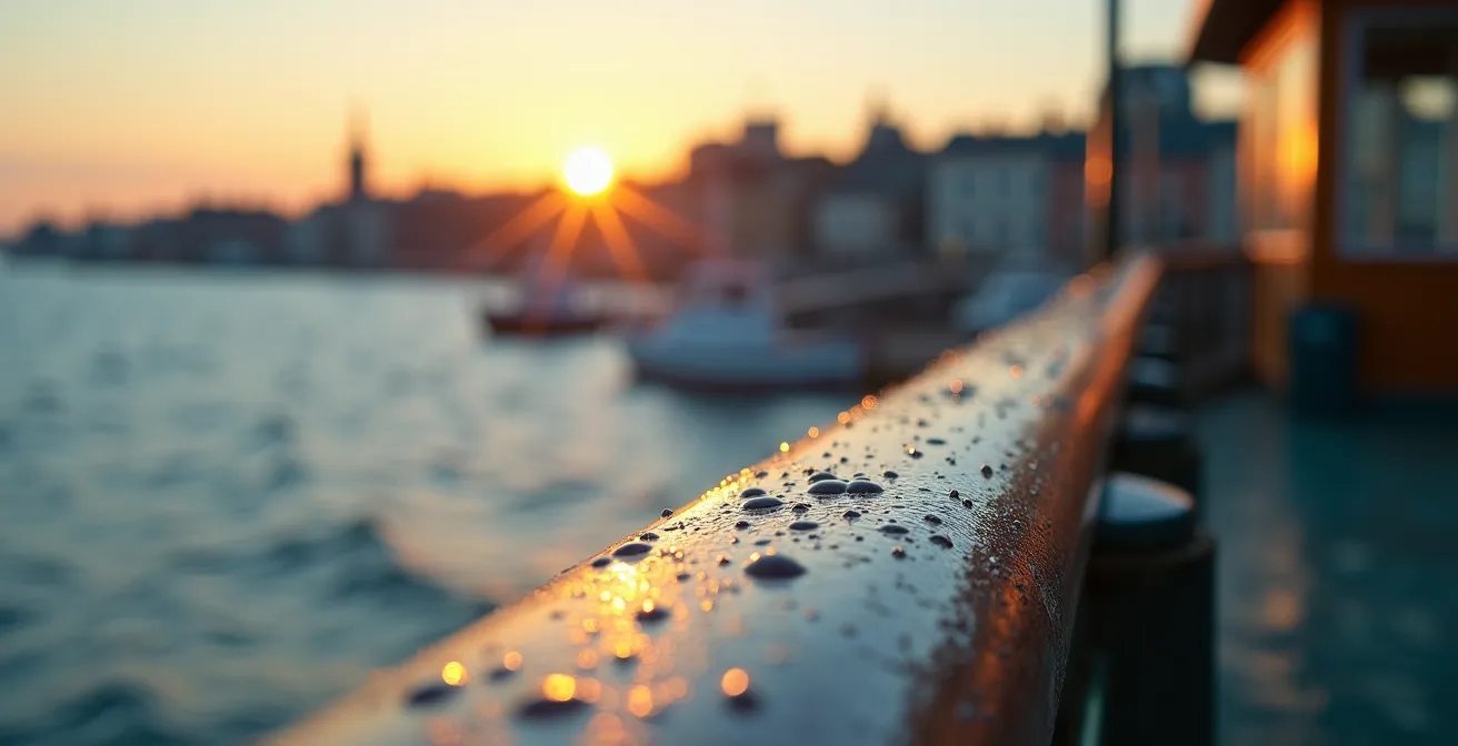Ferry crossing St. Lawrence River with Quebec City skyline at sunset