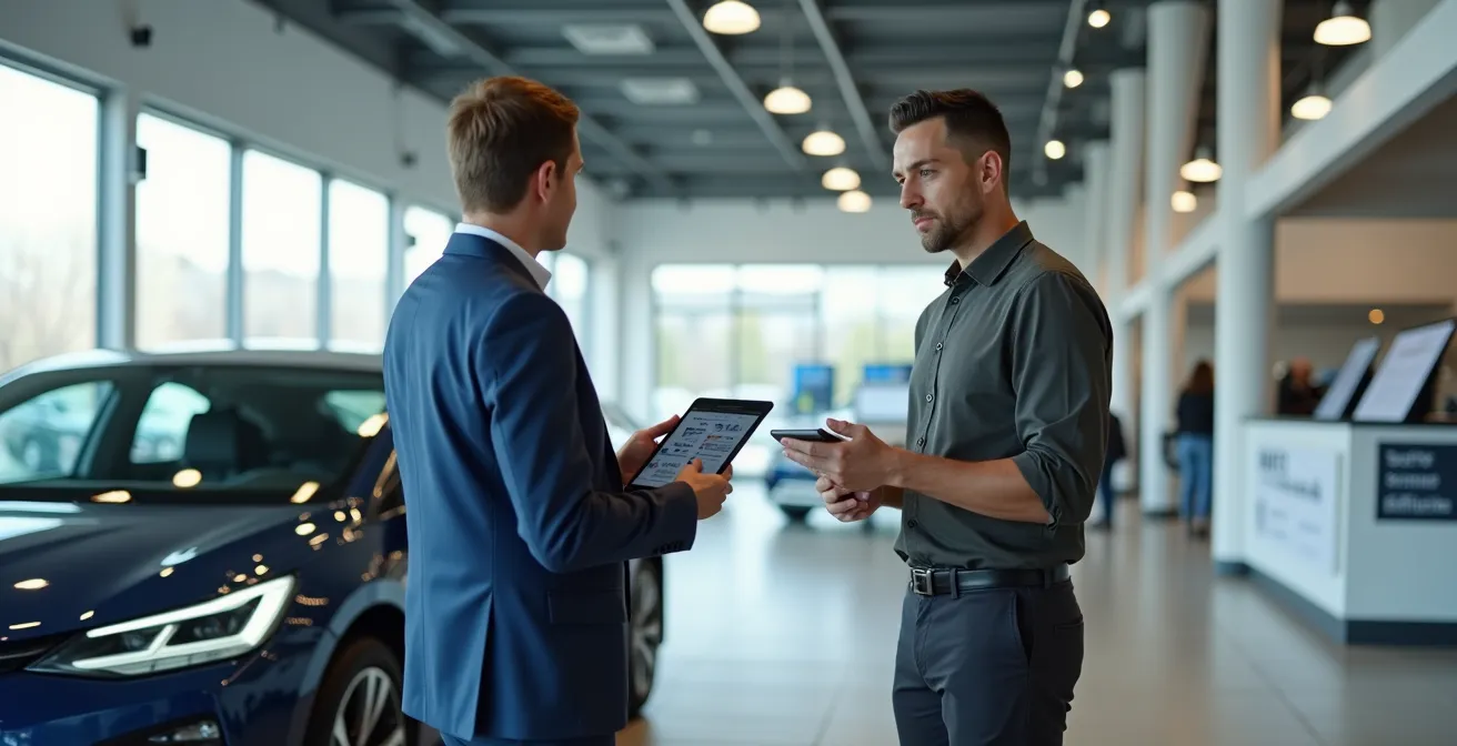 Customer and dealer reviewing vehicle history documents at Quebec dealership