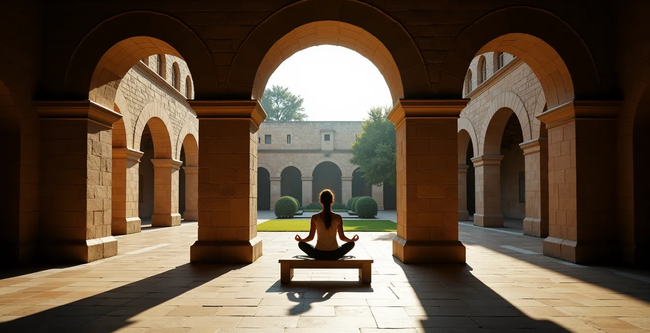 Peaceful courtyard of Monastère des Augustines with stone walls and a lush garden