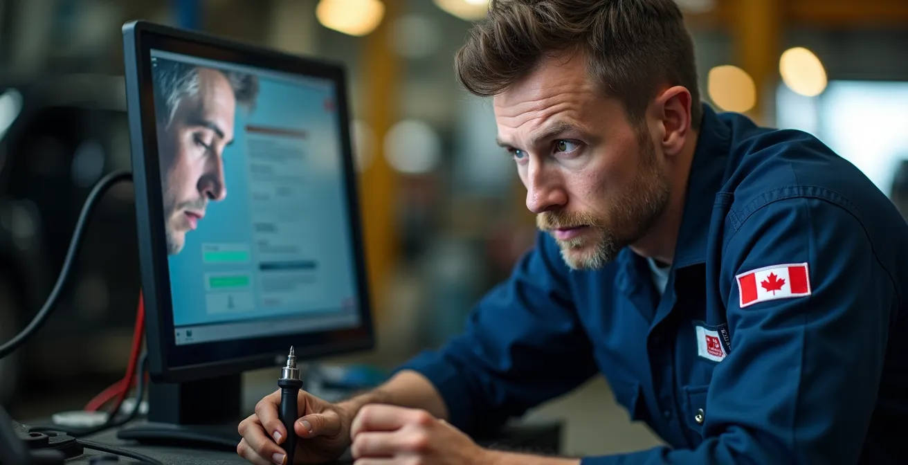 Mechanic examining electric vehicle battery system in a Canadian technical training facility