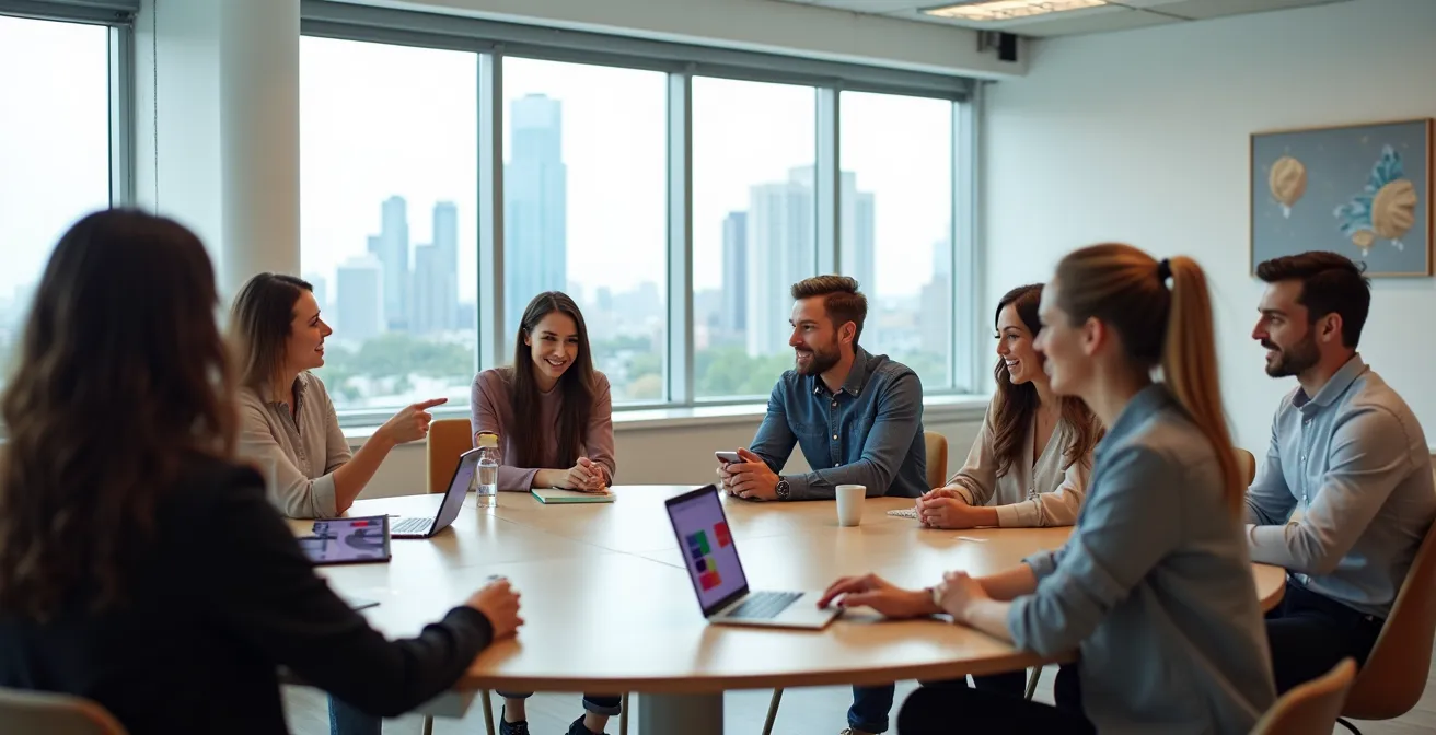 A diverse group of retail employees engaged in a collaborative, hands-on AI training workshop in a modern setting.