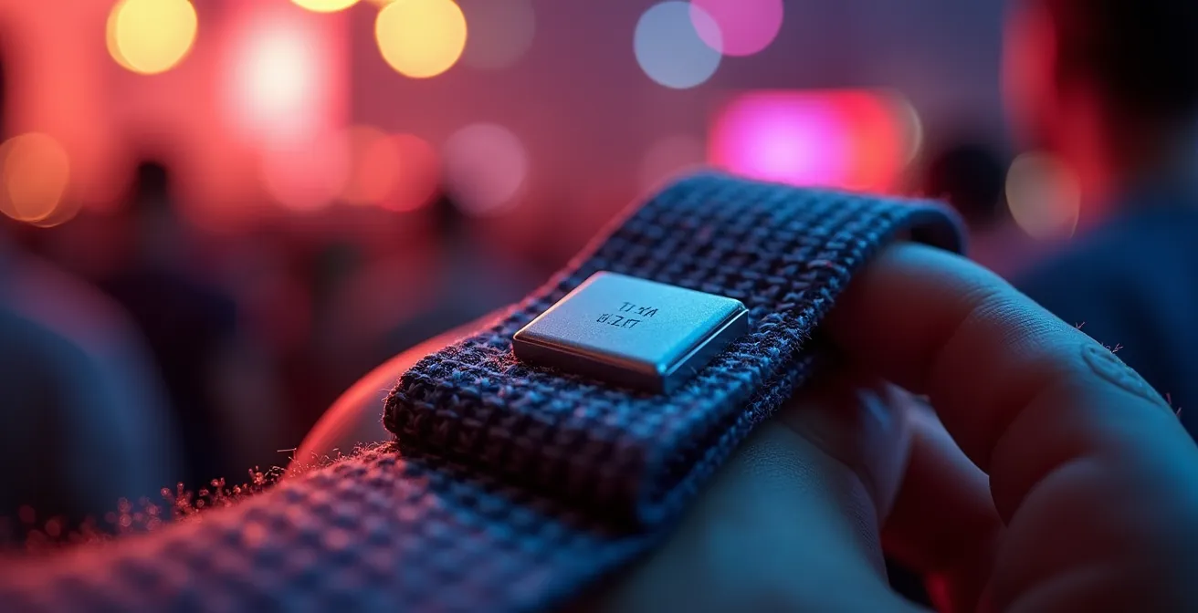Close-up macro shot of RFID festival wristband chip and scanning technology