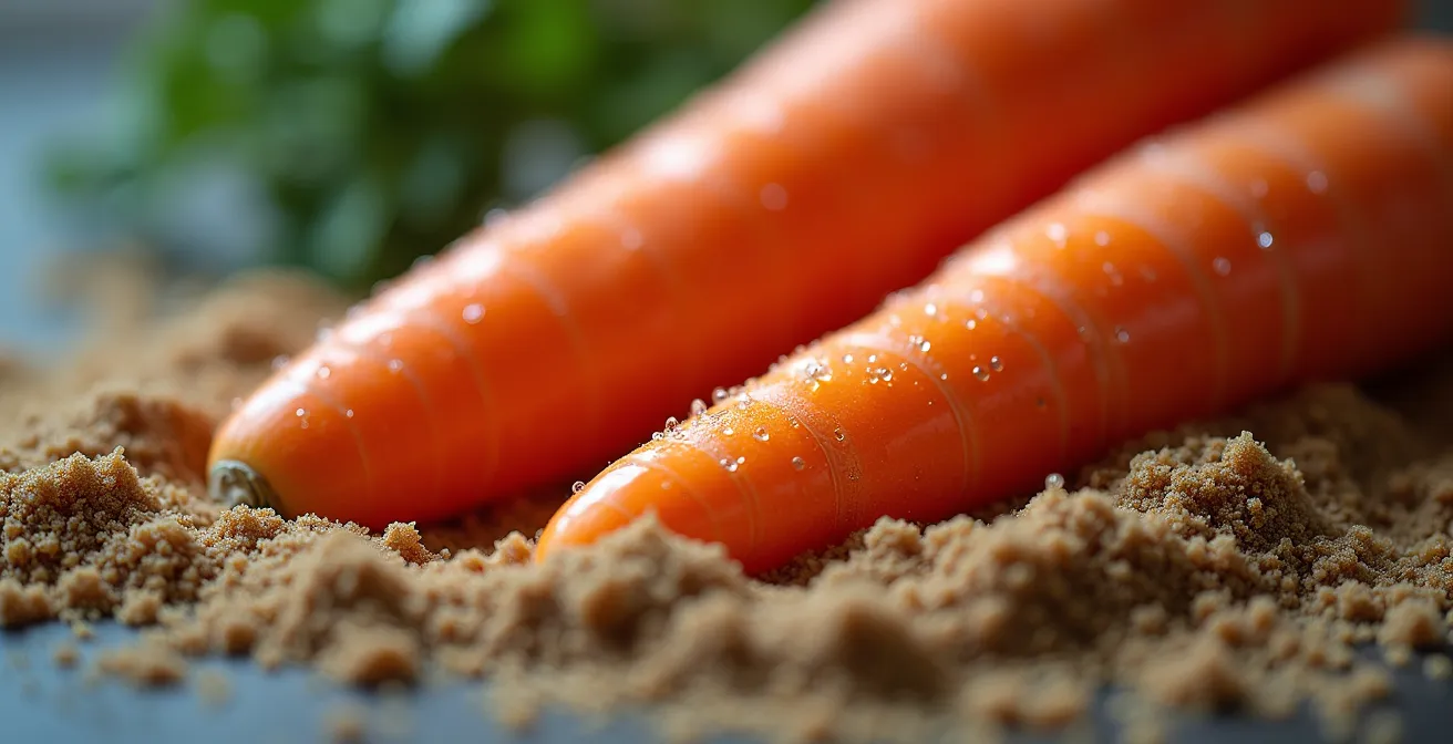 Macro shot of fresh carrots partially buried in damp sand showing texture details