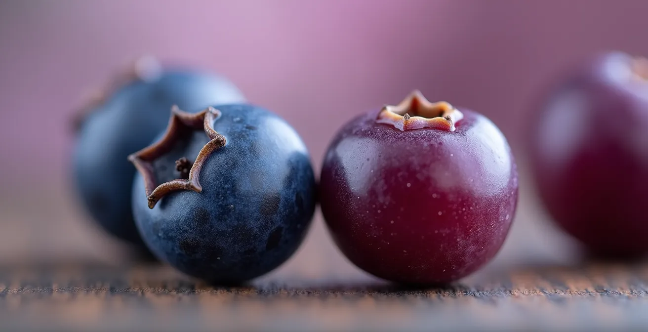 Extreme close-up of fresh Saskatoon berries showing deep purple skin texture and natural bloom