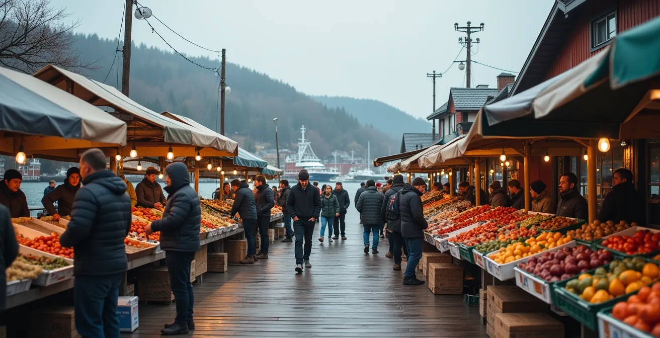 A wide view of a small Canadian island community gathering at a local market, with the ocean and boats in the background.