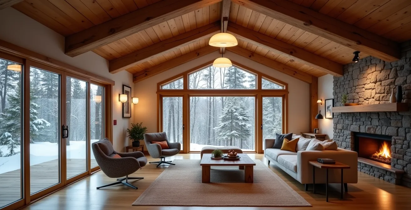 Wide shot of Canadian cottage interior showing mesh Wi-Fi system setup with smart bulbs maintaining connection