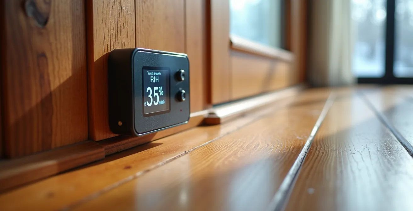 Macro shot of smart humidistat sensor on wooden surface showing condensation prevention in Canadian winter