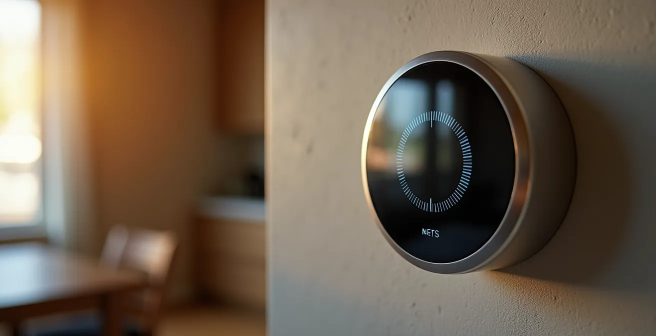 Extreme close-up of smart thermostat display showing temperature adjustment during peak event