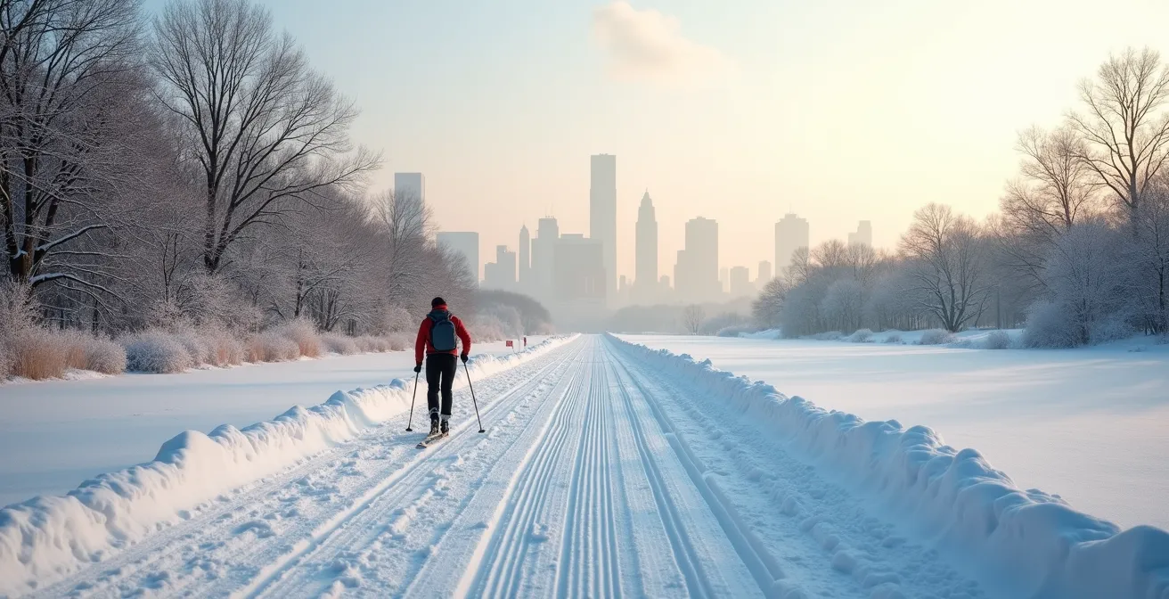 Wide shot of lone cross-country skier on groomed trail through urban parkland at golden hour