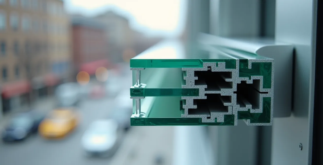 Cross-section view of a triple-pane window showing sound wave reduction through multiple glass layers and varied spacing.