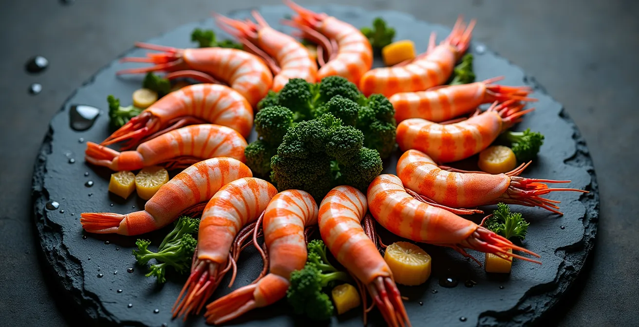 Fresh spot prawns arranged with winter root vegetables in artistic composition