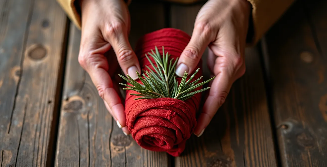 Close-up of traditional tobacco bundle wrapped in red cloth with cedar branches on wooden surface