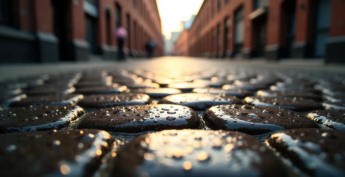 Toronto Distillery District cobblestone street with morning light