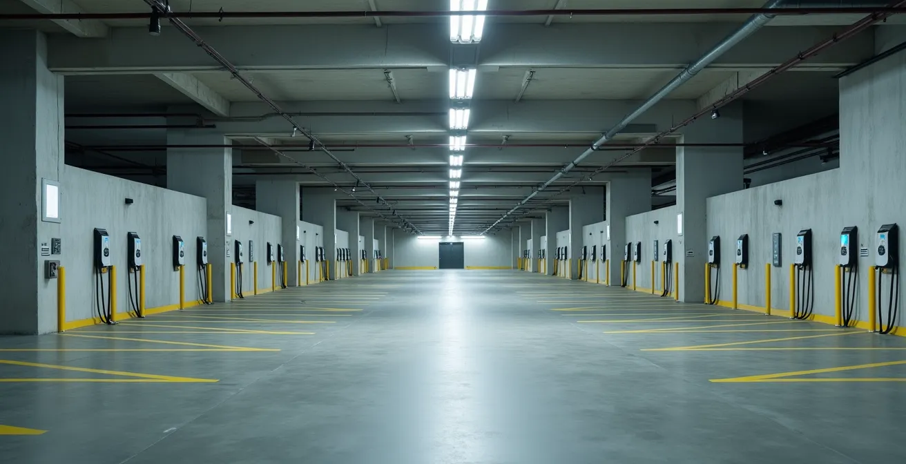 Wide angle view of modern underground condo parking with multiple EV charging stations