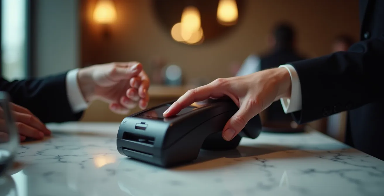 Hands holding payment terminal showing tip options in upscale Vancouver restaurant