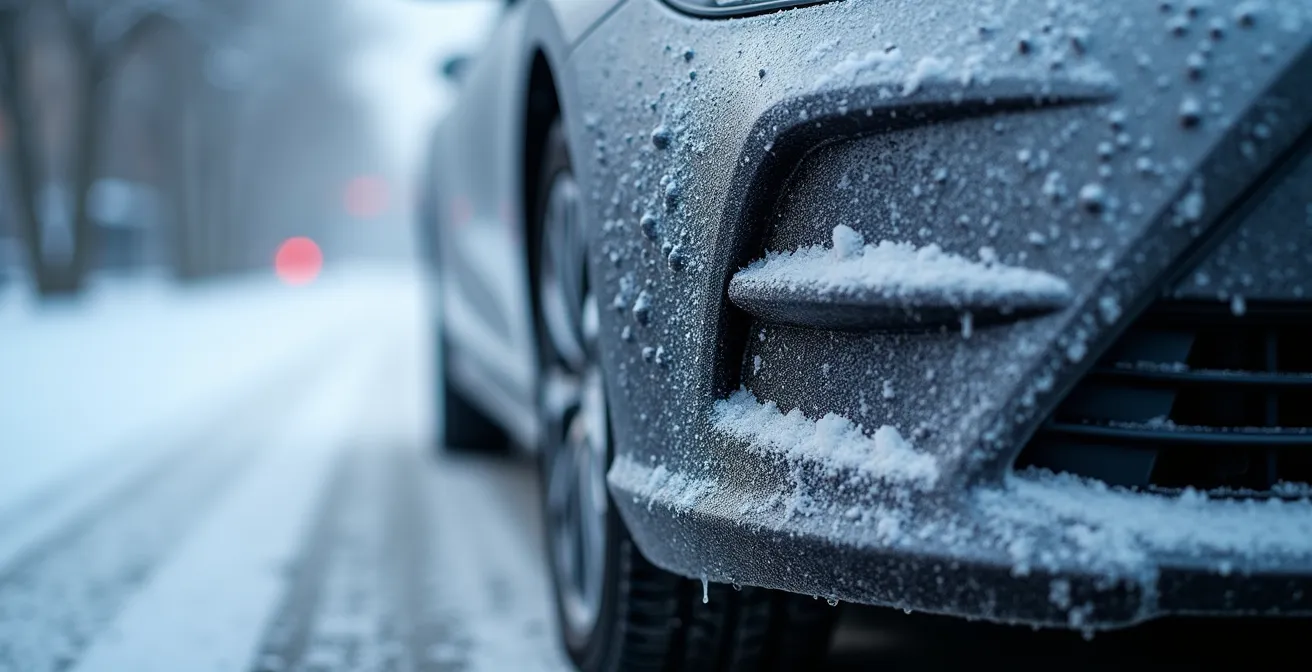 Close-up of car front bumper showing radar sensor covered in ice and slush