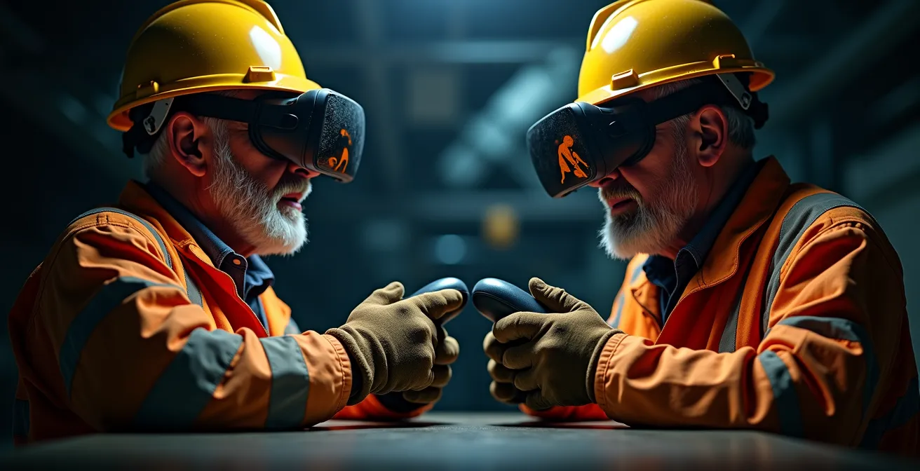 Experienced miner guiding younger colleague through VR training session in mining facility