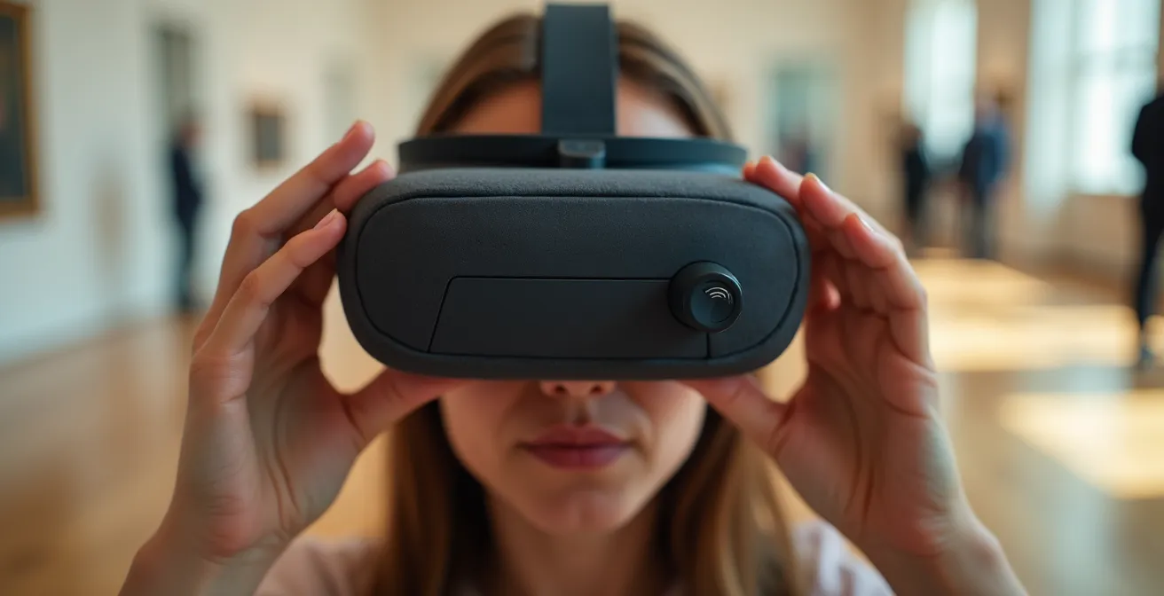 Close-up of hands adjusting VR headset comfort settings with a blurred museum gallery in the background