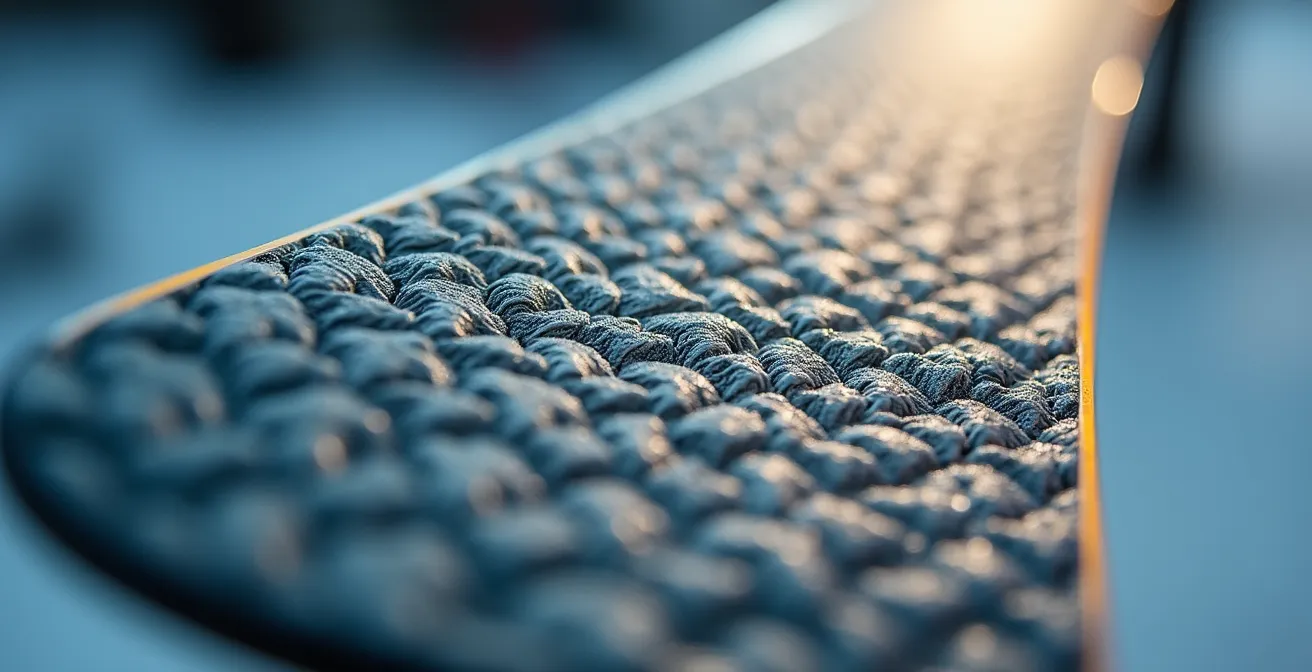 Extreme close-up of waxless skin ski base showing fish-scale pattern texture