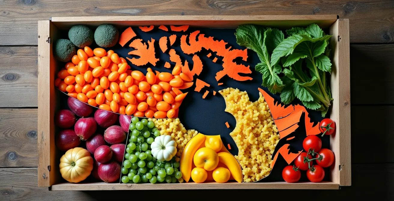 Overhead view of winter CSA box contents showcasing Canadian greenhouse vegetables and storage crops