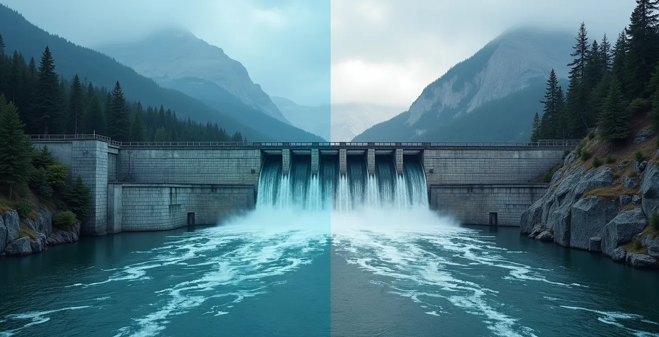 Split-screen comparison showing steady renewable energy infrastructure versus volatile tech stock charts