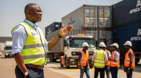 African executive leader supervising logistics operations at a modern industrial facility in Kenya