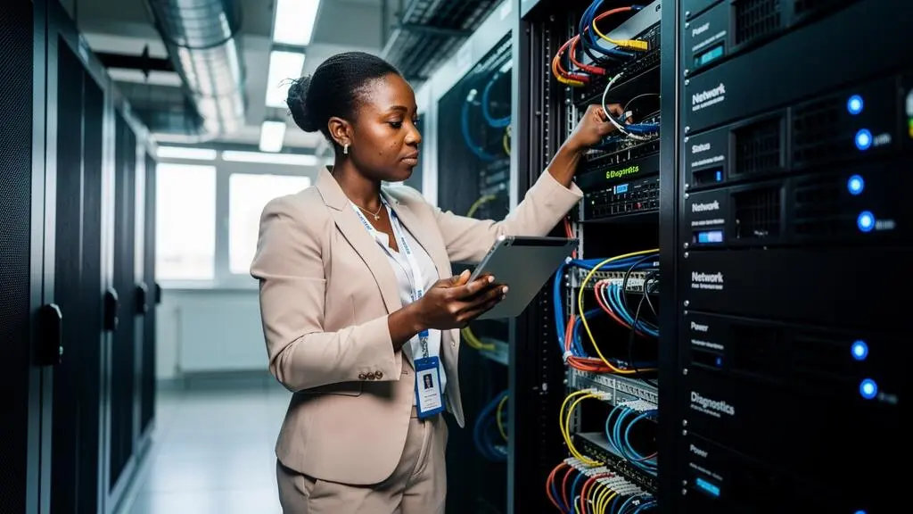 Young African female engineer performing technical diagnostics on server equipment in a modern Rwandan data center