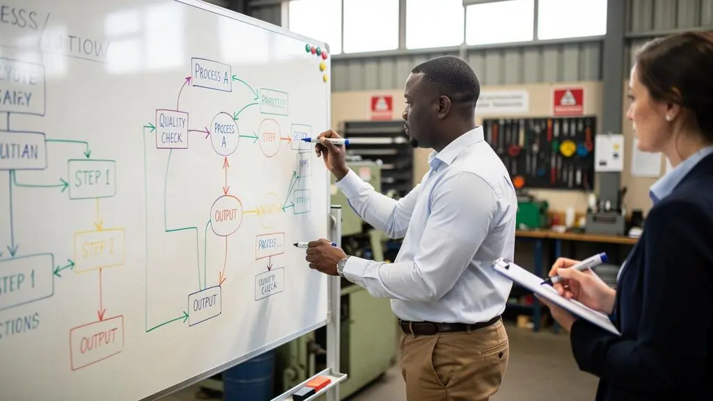 Leadership candidate demonstrating strategic planning skills during practical assessment exercise at South African training facility