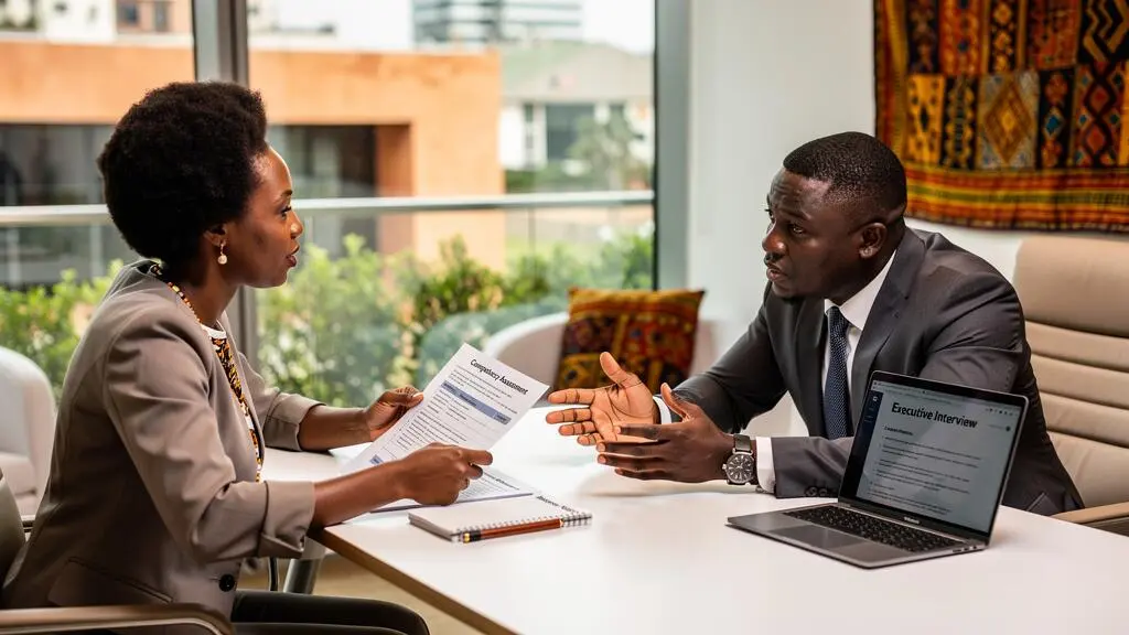 African recruitment specialist conducting executive interview with candidate in modern Lagos professional space